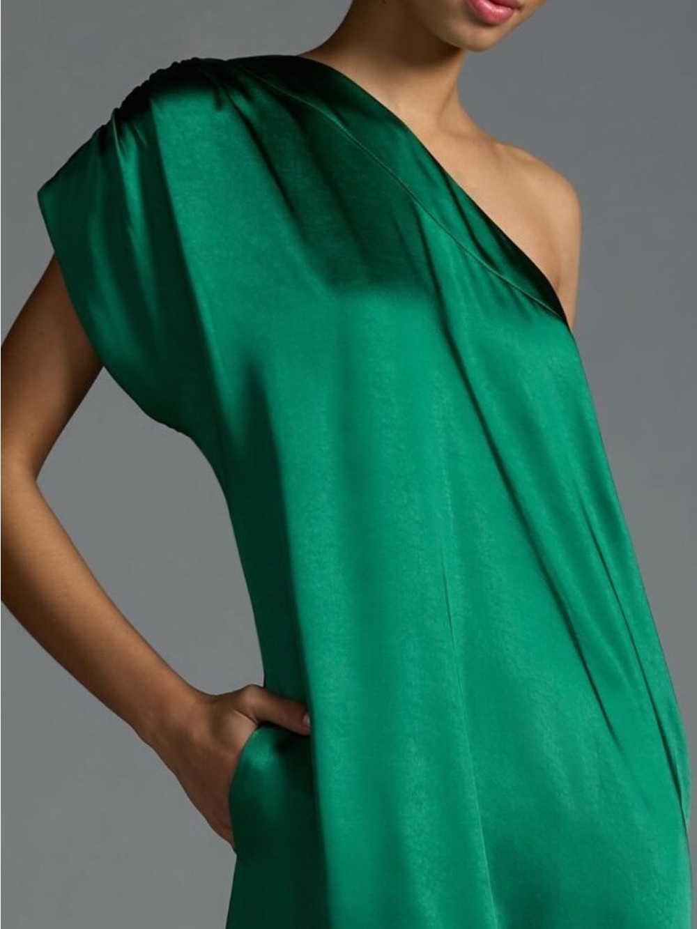 NWT Porridge by Anthropologie One-Shoulder Emerald Green Satin Dress